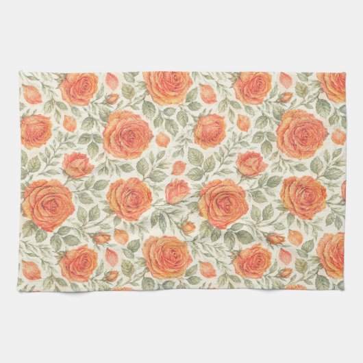 コーラルローズとセージのガーデンパターン キッチンタオル (横)