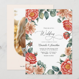 コーラルローズ、アプリコットブラッシュ、ソフトミントのウェディング 招待状