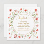 コーラルワイルドフラワーバプテスマ発表金ゴールドフォント 招待状 (正面/裏面)