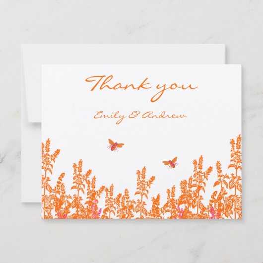 コーラルワイルドフラワーロマンチックのまわりにウェディングRSVP サンキューカード (正面)