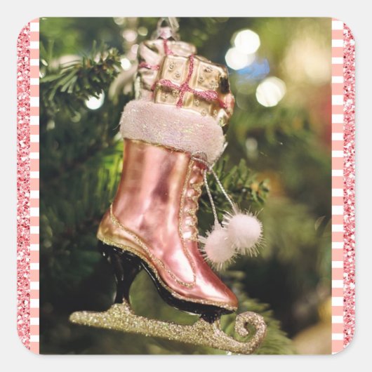 コーラルヴィンテージアイススケートクリスマスステッカー スクエアシール (正面)