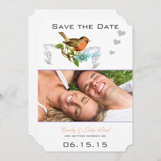 コーラルヴィンテージバードアクア&薄紫保存日 招待状 (正面/裏面)