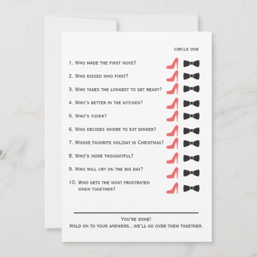 コーラル彼は、彼女はブライダルシャワーのゲームカードを言った 招待状 (裏面)