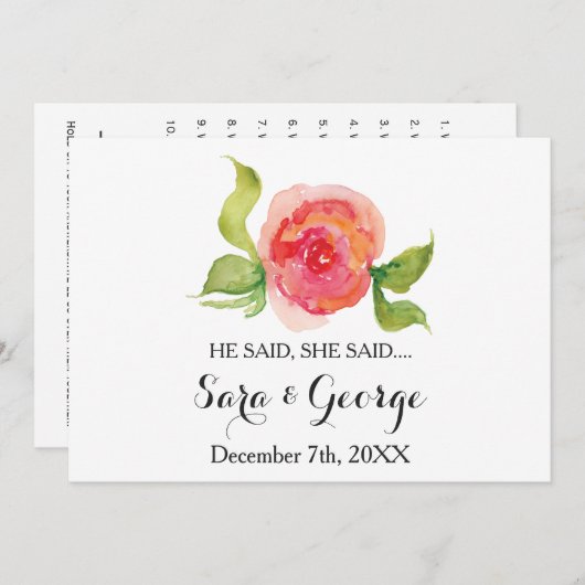 コーラル彼は、彼女はブライダルシャワーのゲームカードを言った 招待状 (正面/裏面)