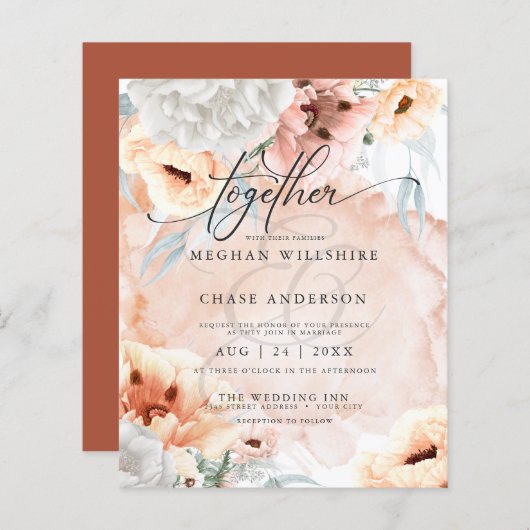 コーラル手頃フラワーズ結婚式招待状 (正面/裏面)