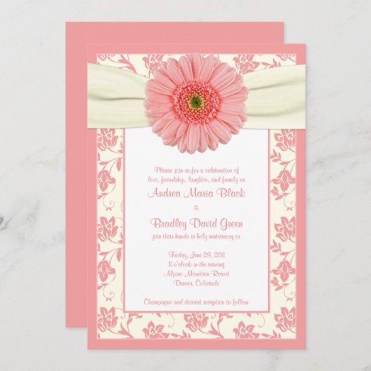 コーラル淡い色のガーベラアイボリーフローラ結婚式招待状 招待状 (正面/裏面)
