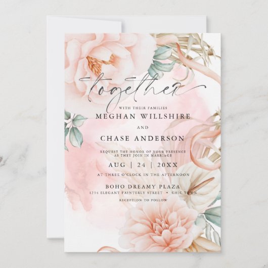 コーラル淡い色のバラウォーターカラーブーケ招待状 招待状 (正面)