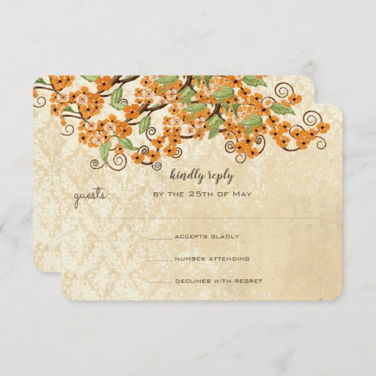 コーラル素朴オレンジ春ブロッサムウェディングRSVP 出欠カード (正面/裏面)