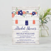 コーラル素朴ネイビーメイソンジャールブランチブライダルシャワー 招待状 (スタンド正面)