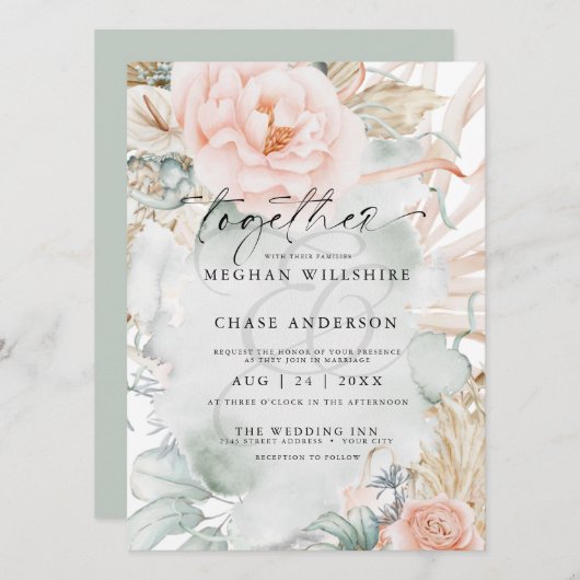 コーラル素朴バラフローラ水彩 招待状 (正面/裏面)