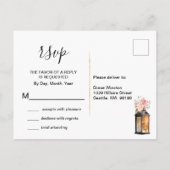 コーラル素朴バラ金ゴールドランタンフローラRSVP インビテーションポストカード (裏面)