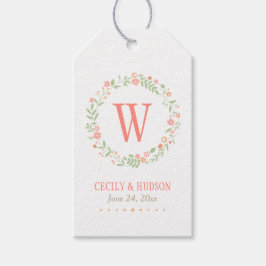 コーラル素朴ピンクとグリーンフローラリース結婚ズ ギフトタグ