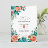 コーラル素朴フローラ熱帯ティール（緑がかった色）結婚ズ 招待状 (スタンド正面)