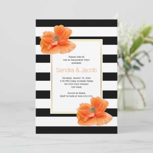 コーラル色のポピー ブラックホワイトのウェディングエンゲージメントパーティー 招待状 (スタンド正面)