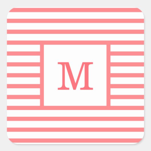 コーラル赤と白ストライプカスタムモノグラム スクエアシール (正面)