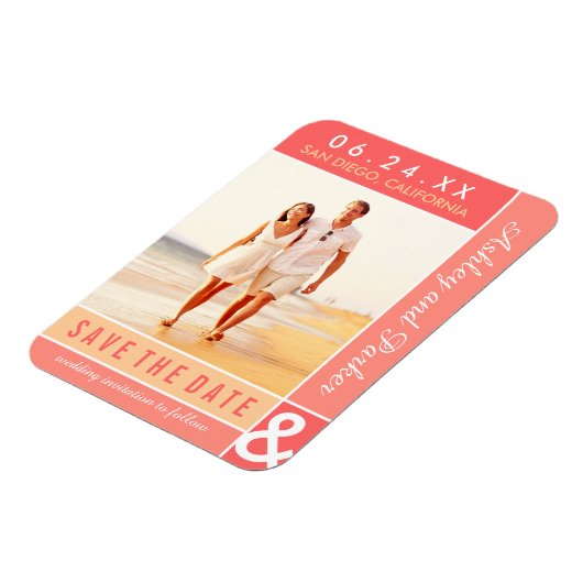 コーラル赤面結婚Colorblockの写真Save the Date マグネット (左側)