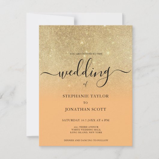 コーラル金ゴールドグリッターグラデーション黒結婚文字 招待状 (正面)