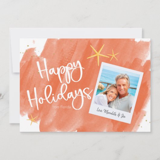 コーラル金ゴールドトロピカルウォーターカラーホリデーフォトカード (正面)