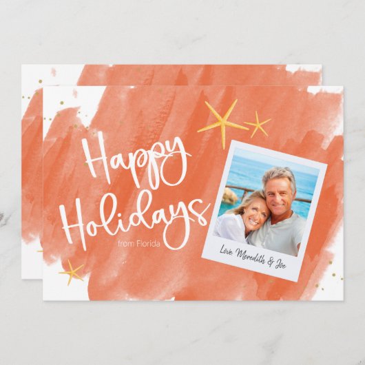 コーラル金ゴールドトロピカルウォーターカラーホリデーフォトカード (正面/裏面)