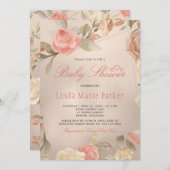 コーラル金ゴールドピーチクリームフローラベビーシャワー 招待状 (正面/裏面)