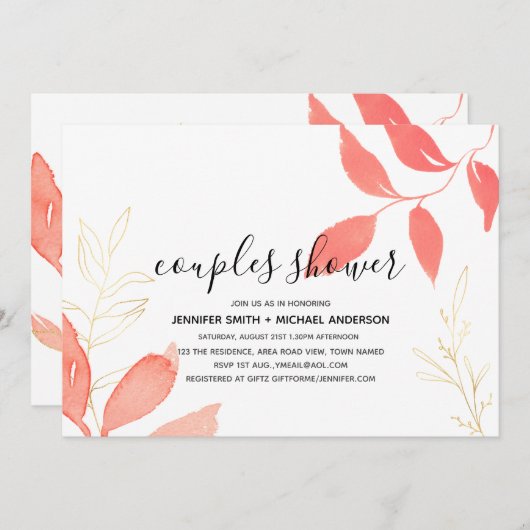 コーラル金ゴールドボ結婚タニカルカップルブライダルシャワー 招待状 (正面/裏面)