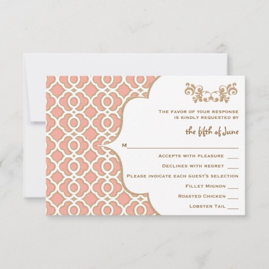 コーラル金ゴールドモロッコ式RSVP応答カード 出欠カード (正面)