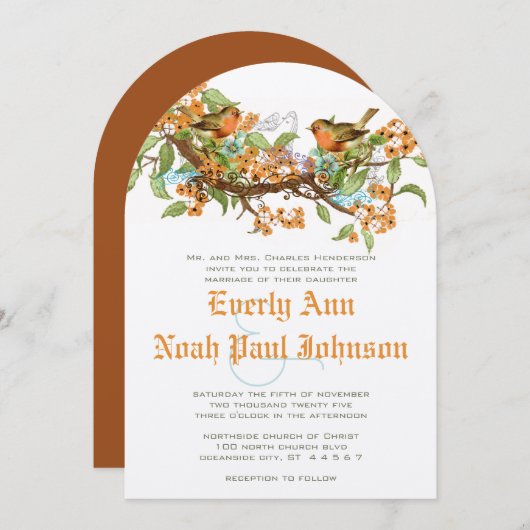 コーラル&アクアブルーヴィンテージバード結婚式招待状 招待状 (正面/裏面)