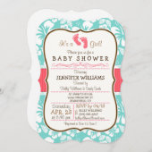 コーラル アクア トロピカル ベイビー シャワー 招待状 (正面/裏面)