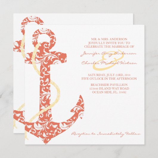 コーラル&イエローいかりビーチ結婚式招待状 招待状 (正面/裏面)