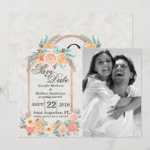 コーラル ウォーターカラー フラワーとゴールドのSave the Dateカード セーブザデート (正面/裏面)