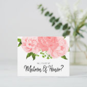 コーラル・ウォーターカラー・フラワーのマトロン・オブ・オナー・ポストカード インビテーションポストカード (スタンド正面)