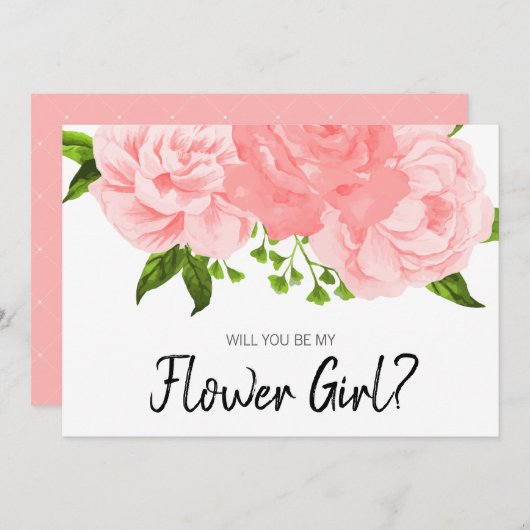 コーラル・ウォーターカラー・フラワーの花嫁の女の子のカード 招待状 (正面/裏面)