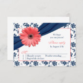 コーラル ガーベラ デイジー ネイビー ダマスク フラワーレース 結婚式 返信 (正面/裏面)