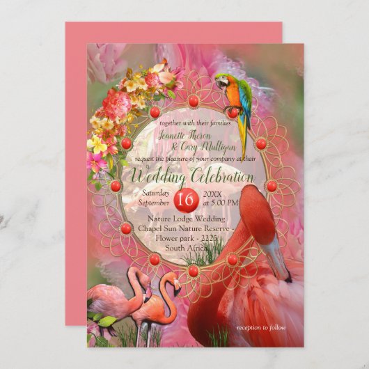 コーラル、グラス&牡丹ピンク開花 招待状 (正面/裏面)