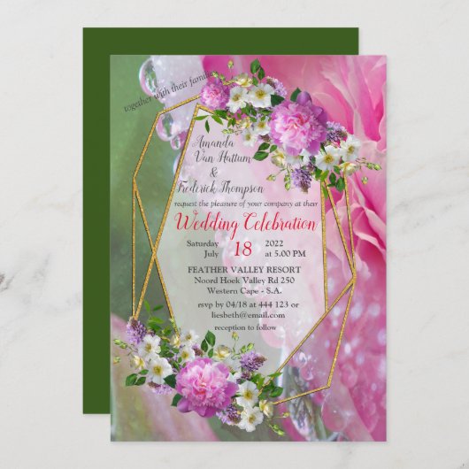 コーラル、グラス&牡丹ピンク開花 招待状 (正面/裏面)