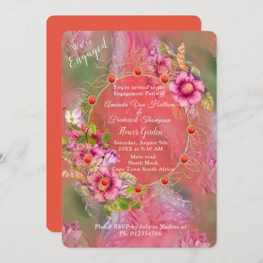 コーラル、グラス&牡丹ピンク開花 招待状 (正面/裏面)