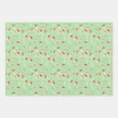 コーラル、グリーンとホワイトの花柄 ラッピングペーパーシート (正面)
