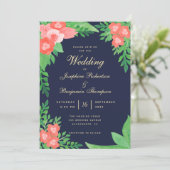 コーラル、グリーン、ネイビーブルーウォーターの色のフローラ結婚ズ 招待状 (スタンド正面)