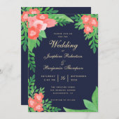 コーラル、グリーン、ネイビーブルーウォーターの色のフローラ結婚ズ 招待状 (正面/裏面)