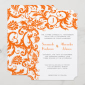 コーラル＆グレーオレンジのダマスク結婚式招待状 招待状 (正面/裏面)