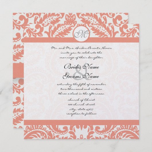 コーラル&グレーダマスクウェディング招待状 招待状 (正面/裏面)