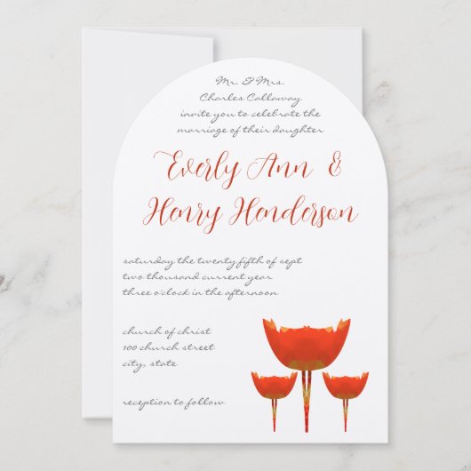 コーラル&グレーポピーズバタフライ結婚式招待状 招待状 (正面)