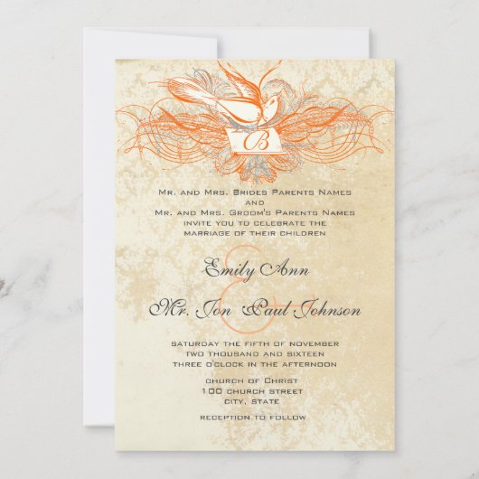 コーラル&グレーヴィンテージフローリッシュドーブウェディング招待 招待状 (裏面)