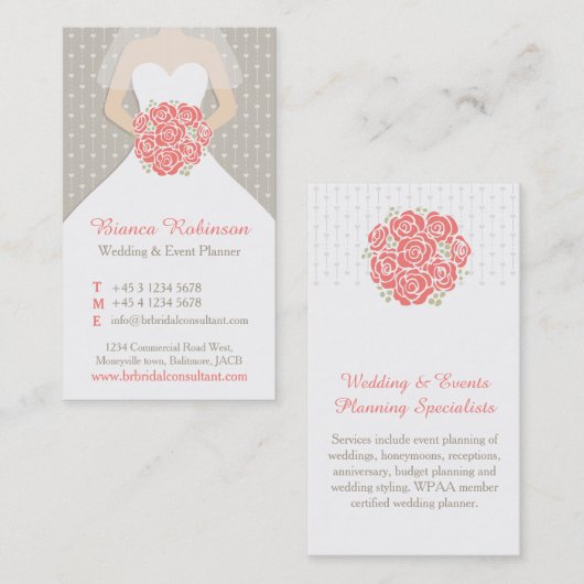 コーラル、グレー、ホワイトウェディングプランナー名刺 名刺 (正面/裏面)