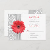コーラル ゲルベラ デイジー グレー ダマスク 結婚式 RSVP カード (正面/裏面)