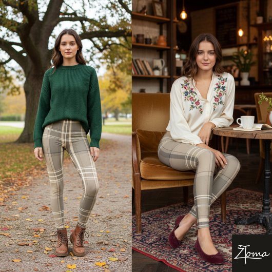 コーラル＆セージの格子縞 レギンス