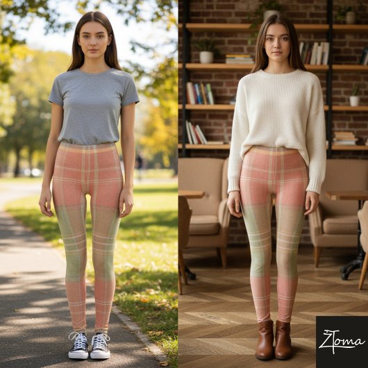 コーラル＆セージの格子縞 レギンス