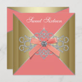 コーラル ダイヤモンド コーラル ゴールド スイート16 誕生日パーティー 招待状 (正面/裏面)