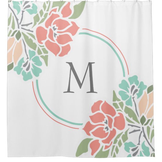 コーラル＆ティール モダン フラワーデザイン シャワーカーテン (正面)