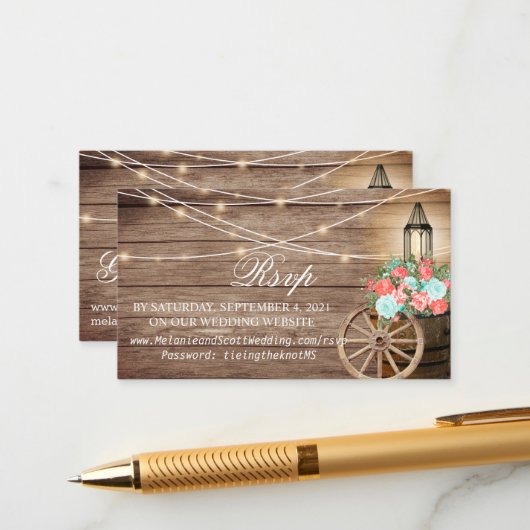 コーラル&ティール（緑がかった色）の出欠と登録2 -結婚のWebサイト エンクロージャーカード (正面/裏面インサイチュ)